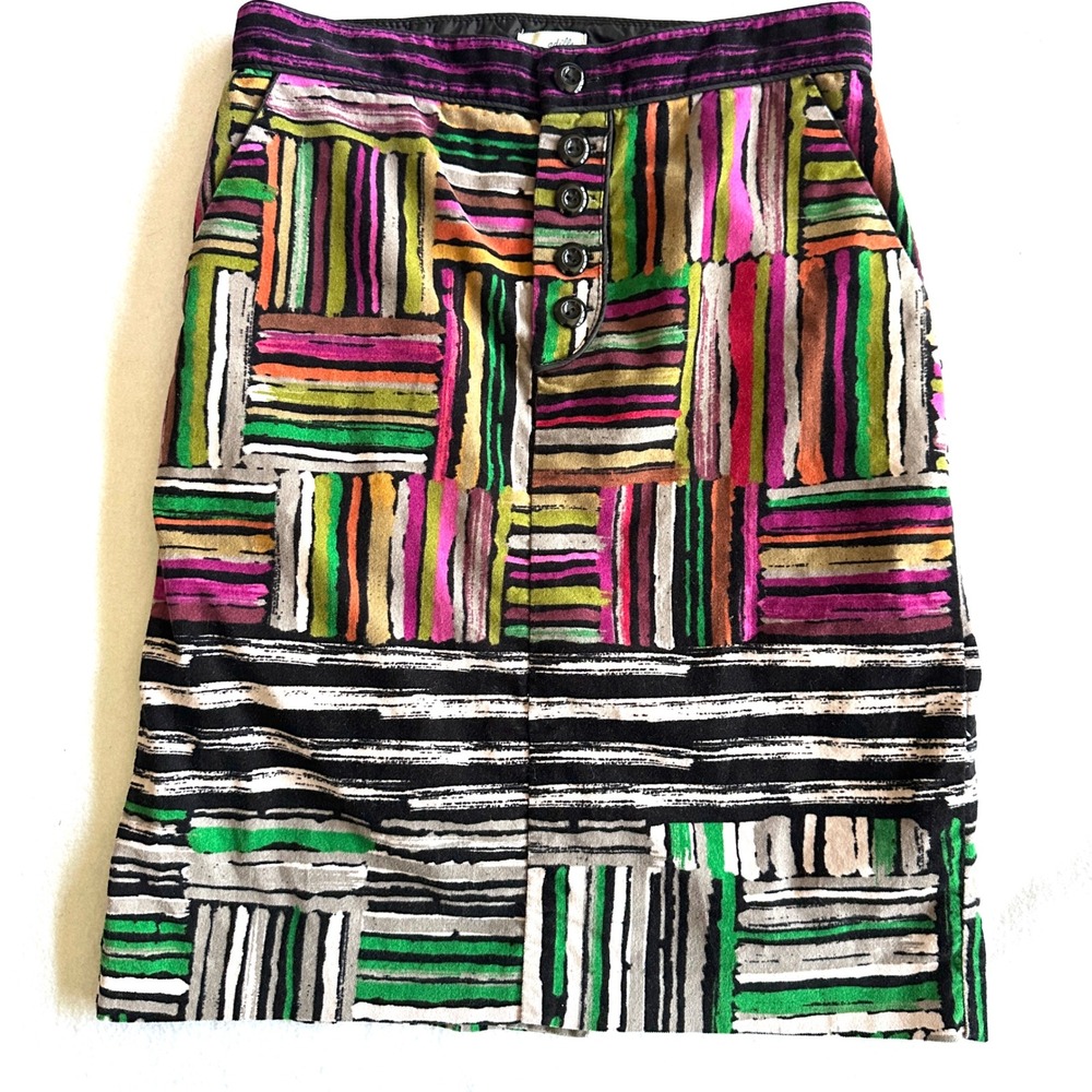 Odille Anthropologie 0 Spectrum Map Skirt Velvet Abstract Stripe Button Pencil